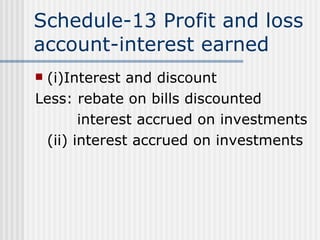 Schedule-13 Profit and loss account-interest earned (i)Interest and discount Less: rebate on bills discounted   interest accrued on investments (ii) interest accrued on investments 