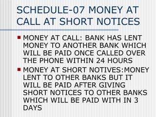 SCHEDULE-07 MONEY AT CALL AT SHORT NOTICES MONEY AT CALL: BANK HAS LENT MONEY TO ANOTHER BANK WHICH WILL BE PAID ONCE CALLED OVER THE PHONE WITHIN 24 HOURS MONEY AT SHORT NOTIVES:MONEY LENT TO OTHER BANKS BUT IT WILL BE PAID AFTER GIVING SHORT NOTICES TO OTHER BANKS WHICH WILL BE PAID WITH IN 3 DAYS 