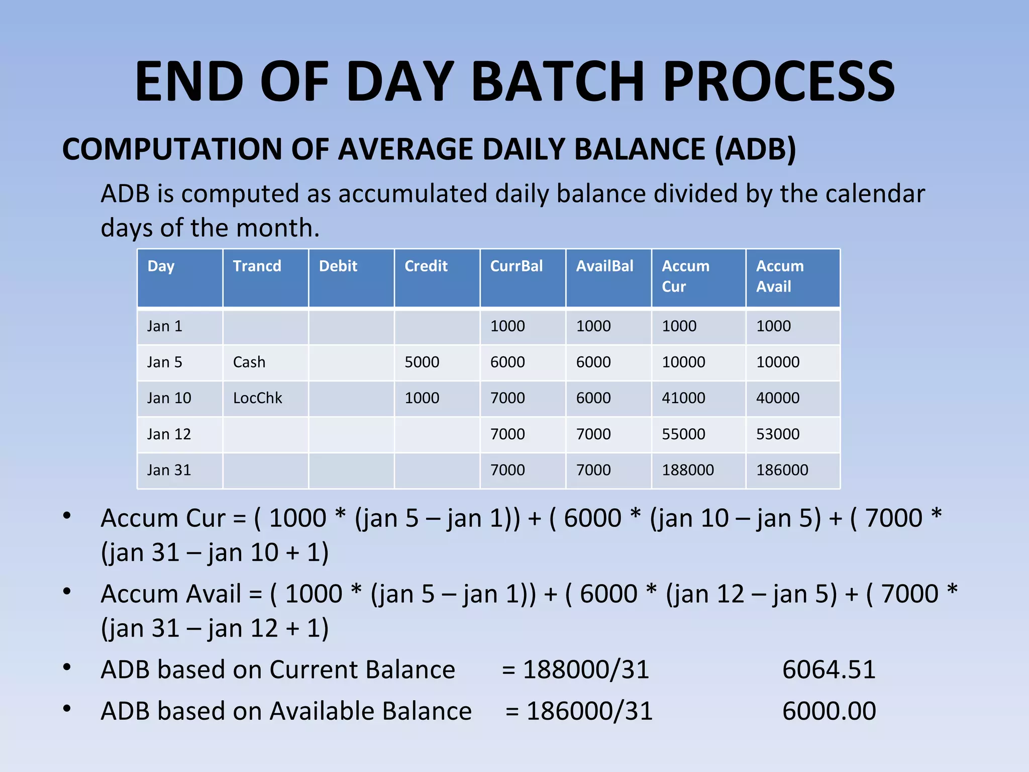 COMPUTATION OF AVERAGE DAILY BALANCE (ADB) ADB is computed as accumulated daily balance divided by the calendar days of the month. Accum Cur = ( 1000 * (jan 5 – jan 1)) + ( 6000 * (jan 10 – jan 5) + ( 7000 * (jan 31 – jan 10 + 1) Accum Avail = ( 1000 * (jan 5 – jan 1)) + ( 6000 * (jan 12 – jan 5) + ( 7000 * (jan 31 – jan 12 + 1) ADB based on Current Balance  = 188000/31 6064.51 ADB based on Available Balance  = 186000/31 6000.00 END OF DAY BATCH PROCESS Day Trancd Debit Credit CurrBal AvailBal Accum Cur Accum Avail Jan 1 1000 1000 1000 1000 Jan 5 Cash 5000 6000 6000 10000 10000 Jan 10 LocChk 1000 7000 6000 41000 40000 Jan 12 7000 7000 55000 53000 Jan 31 7000 7000 188000 186000 