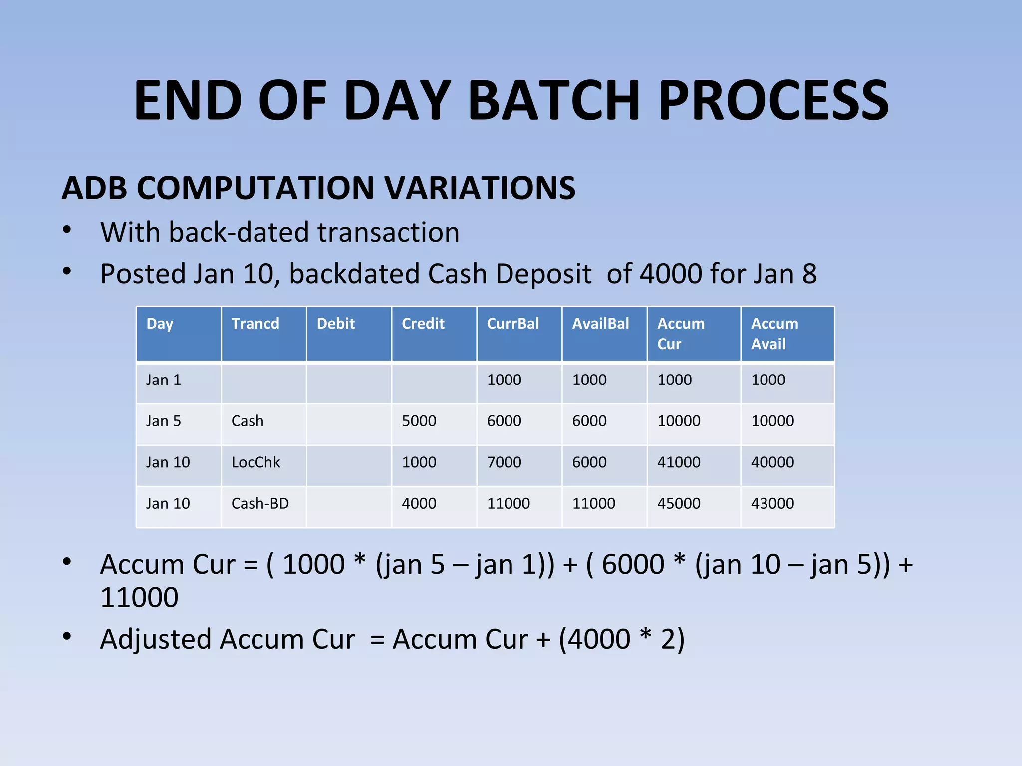 ADB COMPUTATION VARIATIONS With back-dated transaction Posted Jan 10, backdated Cash Deposit  of 4000 for Jan 8 Accum Cur = ( 1000 * (jan 5 – jan 1)) + ( 6000 * (jan 10 – jan 5)) + 11000 Adjusted Accum Cur  = Accum Cur + (4000 * 2) END OF DAY BATCH PROCESS Day Trancd Debit Credit CurrBal AvailBal Accum Cur Accum Avail Jan 1 1000 1000 1000 1000 Jan 5 Cash 5000 6000 6000 10000 10000 Jan 10 LocChk 1000 7000 6000 41000 40000 Jan 10 Cash-BD 4000 11000 11000 45000 43000 