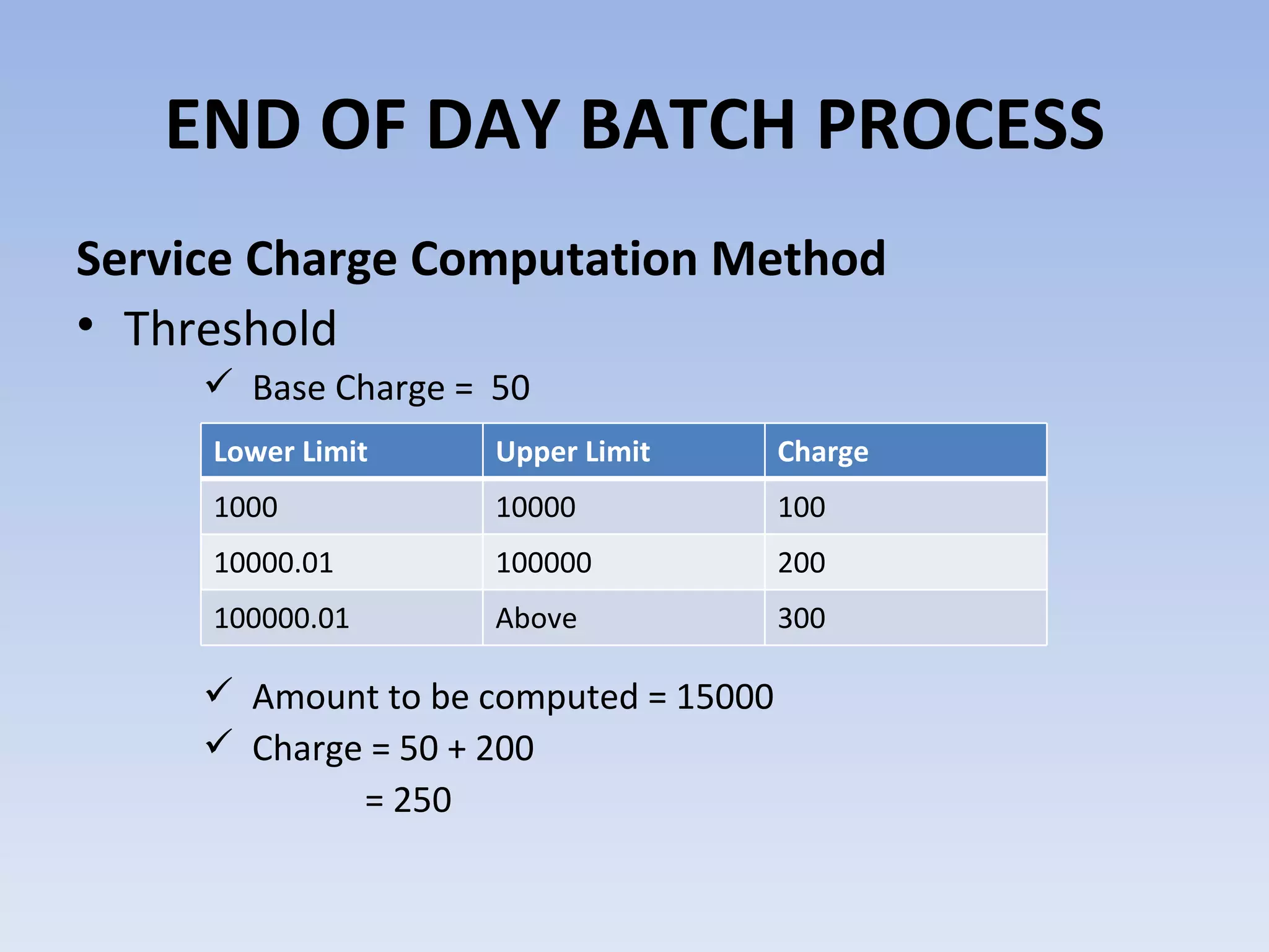 Service Charge Computation Method Threshold Base Charge =  50 Amount to be computed = 15000 Charge = 50 + 200   = 250 END OF DAY BATCH PROCESS Lower Limit Upper Limit Charge 1000 10000 100 10000.01 100000 200 100000.01 Above 300 