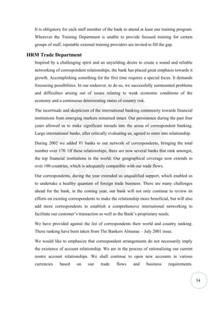 It is obligatory for each staff member of the bank to attend at least one training program.
   Wherever the Training Department is unable to provide focused training for certain
   groups of staff, reputable external training providers are invited to fill the gap.

HRM Trade Department
   Inspired by a challenging spirit and an unyielding desire to create a sound and reliable
   networking of correspondent relationships, the bank has placed great emphasis towards it
   growth. Accomplishing something for the first time requires a special focus. It demands
   foreseeing possibilities. In our endeavor, to do so, we successfully surmounted problems
   and difficulties arising out of issues relating to weak economic conditions of the
   economy and a continuous deteriorating status of country risk.

   The incertitude and skepticism of the international banking community towards financial
   institutions from emerging markets remained intact. Our persistence during the past four
   years allowed us to make significant inroads into the arena of correspondent banking.
   Large international banks, after critically evaluating us, agreed to enter into relationship.

   During 2002 we added 81 banks to our network of correspondents, bringing the total
   number over 170. Of these relationships, there are now several banks that rank amongst,
   the top financial institutions in the world. Our geographical coverage now extends to
   over 100 countries, which is adequately compatible with our trade flows.

   Our correspondents, during the year extended us unqualified support, which enabled us
   to undertake a healthy quantum of foreign trade business. There are many challenges
   ahead for the bank, in the coming year, our bank will not only continue to review its
   efforts on existing correspondents to make the relationship more beneficial, but will also
   add more correspondents to establish a comprehensive international networking to
   facilitate our customer’s transaction as well as the Bank’s proprietary needs.

   We have provided against the list of correspondents their world and country ranking.
   These ranking have been taken from The Bankers Almanac – July 2001 issue.

   We would like to emphasize that correspondent arrangements do not necessarily imply
   the existence of account relationship. We are in the process of rationalizing our current
   nostro account relationships. We shall continue to open new accounts in various
   currencies     based     on     our    trade     flows     and     business     requirements.


                                                                                                   34
 