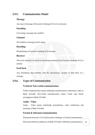 2.9.5.         Communication Model
    Message

    Any type of message of Executive Incharge (E.I) to be conveyed.

    Encoding

    Converting a message into symbols.

    Channel

    The medium a message travels along.

    Decoding

    Retranslating an Executive Incharge (E.I) message.

    Receiver

    The seven elements involved in transferring meaning from Executive Incharge (E.I) to
    another.

    Feed back

    Any disturbance that interfere with the transmission, receipts or feed back of a
    message.

2.9.6.         Types of Communication
               Verbal & Non-verbal communication

               Verbal communication means audiotape-communication conferences, radio in
               Bank Al-Falah. Non-verbal communication means visual, sign board,
               newspapers in Bank Al-Falah.

               Audio - Video
               Audio - Video means multimedia presentations, video conferences and
               meetings in Bank Al-Falah.

               Formal & Informal communication

               Discussion between C.E.O and Executive Incharge is Formal communication.

               Discussion between employees in Bank Al-Falah is Informal communication.    34
 