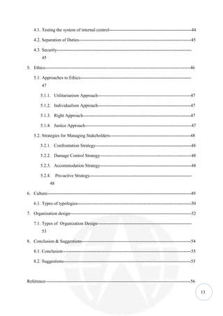 4.1. Testing the system of internal control-------------------------------------------------------44

    4.2. Separation of Duties---------------------------------------------------------------------------45

    4.3. Security------------------------------------------------------------------------------------------
         45

5. Ethics-------------------------------------------------------------------------------------------------46

    5.1. Approaches to Ethics--------------------------------------------------------------------------
         47

        5.1.1. Utilitarianism Approach--------------------------------------------------------------47

        5.1.2. Individualism Approach--------------------------------------------------------------47

        5.1.3. Right Approach------------------------------------------------------------------------47

        5.1.4. Justice Approach-----------------------------------------------------------------------47

    5.2. Strategies for Managing Stakeholders------------------------------------------------------48

        5.2.1. Confrontation Strategy----------------------------------------------------------------48

        5.2.2. Damage Control Strategy-------------------------------------------------------------48

        5.2.3. Accommodation Strategy-------------------------------------------------------------48

        5.2.4.     Pro-active Strategy--------------------------------------------------------------------
              48

6. Culture------------------------------------------------------------------------------------------------49

    6.1. Types of typologies----------------------------------------------------------------------------50

7. Organization design---------------------------------------------------------------------------------52

    7.1. Types of Organization Design---------------------------------------------------------------
         53

8. Conclusion & Suggestions-------------------------------------------------------------------------54

    8.1. Conclusion--------------------------------------------------------------------------------------55

    8.2. Suggestions-------------------------------------------------------------------------------------55



Reference-------------------------------------------------------------------------------------------------56

                                                                                                               13
 