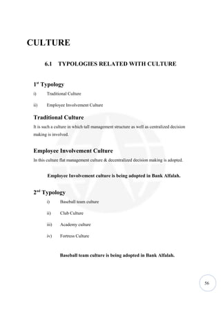 CULTURE

       6.1     TYPOLOGIES RELATED WITH CULTURE


 1st Typology
 i)     Traditional Culture

 ii)    Employee Involvement Culture

 Traditional Culture
 It is such a culture in which tall management structure as well as centralized decision
 making is involved.


 Employee Involvement Culture
 In this culture flat management culture & decentralized decision making is adopted.


        Employee Involvement culture is being adopted in Bank Alfalah.


 2nd Typology
        i)      Baseball team culture

        ii)     Club Culture

        iii)    Academy culture

        iv)     Fortress Culture



                Baseball team culture is being adopted in Bank Alfalah.




                                                                                           56
 