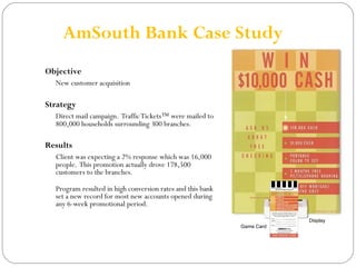 AmSouth Bank Case Study
Objective
New customer acquisition
Strategy
Direct mail campaign. TrafficTickets™ were mailed to
800,000 households surrounding 300 branches.
Results
Client was expecting a 2% response which was 16,000
people. This promotion actually drove 178,500
customers to the branches.
Program resulted in high conversion rates and this bank
set a new record for most new accounts opened during
any 6-week promotional period.
Display
Game Card
 