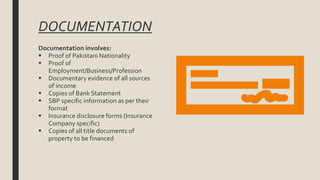 DOCUMENTATION
Documentation involves:
 Proof of Pakistani Nationality
 Proof of
Employment/Business/Profession
 Documentary evidence of all sources
of income
 Copies of Bank Statement
 SBP specific information as per their
format
 Insurance disclosure forms (Insurance
Company specific)
 Copies of all title documents of
property to be financed
 