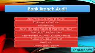 Bank Branch Audit
USER_AMENDMENTS_MADE_BY_BRANCH
TDS_Exemption_Certificates
ResidualMaturity
REPORT_ON_CCOD_ACCOUNTS_SANCTIONED_TODAY
Report_High_Value_Transactions
Recommended_NPA_Write_Off_Report_lonm2538
Probable_NPA_Report_lond2463
Over Due list
Overdue_Loans_Lond2497
 