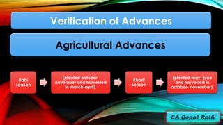 Rabi
season
(planted october-
november and harvested
in march-april).
Kharif
season
(planted may- june
and harvested in
october- november).
Verification of Advances
Agricultural Advances
 