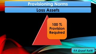 Provisioning Norms
Loss Assets
100 %
Provision
Required
 