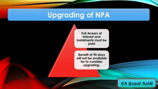 Upgrading of NPA
Full Arrears of
Interest and
Instalments must be
paid
Benefit of 90 days
will not be available
for to consider
upgrading.
 
