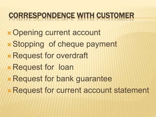 CORRESPONDENCE WITH CUSTOMER
Opening current account
Stopping of cheque payment
Request for overdraft
Request for loan
Request for bank guarantee
Request for current account statement