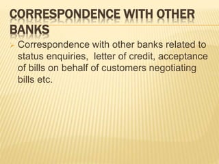 CORRESPONDENCE WITH OTHER
BANKS
Correspondence with other banks related to
status enquiries, letter of credit, acceptance
of bills on behalf of customers negotiating
bills etc.