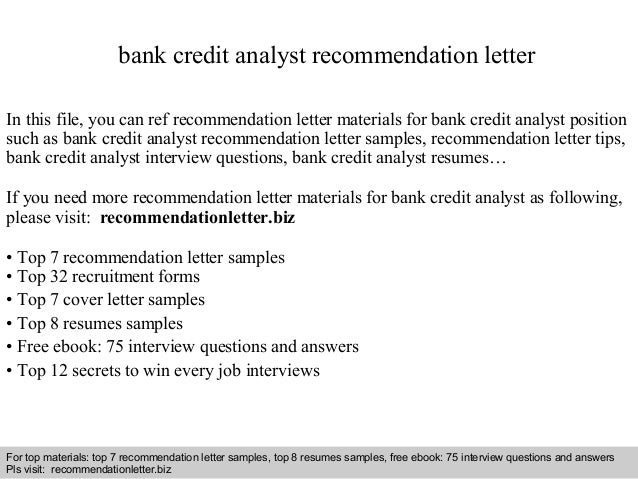 Bank Credit Analyst Recommendation Letter