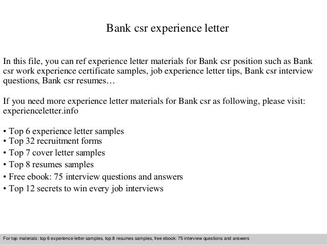 bank csr experience letter csr cover letters