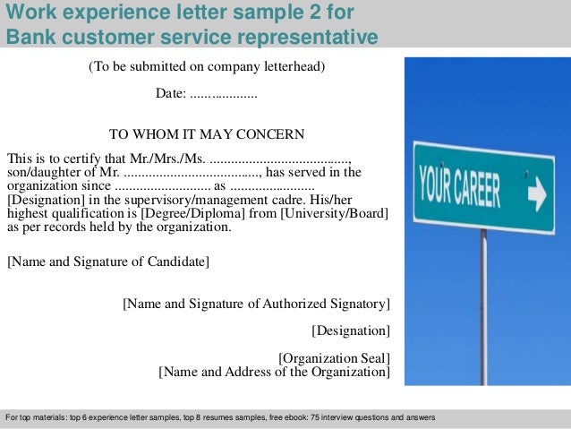 Bank Customer Service Representative Experience Letter