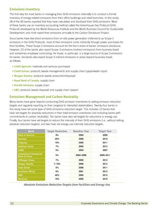 Emissions Inventory
The first step for most banks in managing their GHG emissions internally is to conduct a formal
inventory of energy-related emissions from their office buildings and retail branches. In this study,
28 of the 40 banks reported that they have calculated and disclosed their GHG emissions. Most
of these banks use an inventory accounting method called the Greenhouse Gas Protocol (GHG
Protocol) developed by the World Resources Institute and the World Business Council for Sustainable
Development, and most report their emissions annually to the Carbon Disclosure Project.

Since banks have few direct emissions from on-site power generation (referred to as Scope 1
emissions in the GHG Protocol), most of their emissions come indirectly through power purchases for
their facilities. These Scope 2 emissions account for the lion’s share of banks’ emissions disclosure.
However, 23 of the banks also report Scope 3 emissions (indirect emissions) from business travel
and sometimes employee commuting. Air travel, in particular, is a large source of Scope 3 emissions
for banks. Six banks also report Scope 3 indirect emissions in areas beyond business travel,
as follows:

  •  rédit Agricole: materials and services purchased
    Crédit
    C
  •  redit Suisse: products (waste management) and supply chain (paper/water input)
    Credit
    C
  •  organ Stanley: products (waste production/disposal)
    Morgan
    M
  •  oyal Bank of Canada: supply chain
    Royal
    R
  •  ociété Générale: supply chain
    Société
    S
  •  BS: products (waste disposal) and supply chain (paper)
    UBS:
    U

Emissions Management and Carbon Neutrality
Many banks have gone beyond conducting GHG emission inventories to setting emission reduction
targets and regularly reporting on their progress to interested stakeholders. Twenty-four banks in
this study have set some type of GHG emissions reduction target. This includes 12 banks that
have set targets for absolute reductions in their total emission inventories (not including banks with
commitments to carbon neutrality). Ten banks have also set targets for reductions in energy use.
Finally, four banks have set targets to reduce the intensity of their GHG emissions (i.e., without setting
absolute reduction targets), and two have set energy use-intensity reduction targets.

                   Bank            Target Reduction        Baseline Year          Target Year
       Bank of America                    9%                    2004                  2009
       Barclays                           20%                   2000                  2010
       Citigroup                          10%                   2005                  2011
       Goldman Sachs                      7%                    2005                  2012
       HSBC                               5%                    2004                  2007
       Industrial  Commercial
                                          5%                 2004–2006             2009–2011
       Bank of China
       JPMorgan Chase                     7%                    2005                  2012
       Morgan Stanley                    7–10%                  2006                  2012
       State Street                       5%                    2006                  2011
       Sumitomo Mitsui                    6%                    2001                  2012
       UBS                                40%                   2004                  2012
       Wachovia                           10%                   2005                  2010

             Absolute Emissions Reduction Targets from Facilities and Energy Use




22         		                                                     Corporate Governance and Climate Change: The Banking Sector
 