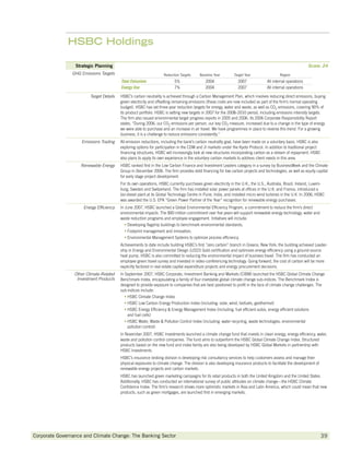 HSBC Holdings

                  Strategic Planning                                                                                                                         Score: 24
                GHG Emissions Targets                                Reduction Targets      Baseline Year      Target Year                 Region
                                          Total Emissions                  5%                  2004              2007              All internal operations
                                          Energy Use                       7%                  2004              2007              All internal operations

                         Target Details   HSBC’s carbon neutrality is achieved through a Carbon Management Plan, which involves reducing direct emissions, buying
                                          green electricity and offsetting remaining emissions (these costs are now included as part of the ﬁrm’s normal operating
                                          budget). HSBC has set three-year reduction targets for energy, water and waste, as well as CO2 emissions, covering 90% of
                                          its product portfolio. HSBC is setting new targets in 2007 for the 2008–2010 period, including emissions intensity targets.
                                          The ﬁrm also issued environmental target progress reports in 2005 and 2006. Its 2006 Corporate Responsibility Report
                                                                         2 emissions per person, our key CO2 measure, increased due to a change in the type of energy


                                          business, it is a challenge to reduce emissions consistently.”
                     Emissions Trading    All emission reductions, including the bank’s carbon neutrality goal, have been made on a voluntary basis. HSBC is also

                                          ﬁnancing structures, HSBC will increasingly look at new structures incorporating carbon as a stream of repayment. HSBC
                                          also plans to apply its own experience in the voluntary carbon markets to address client needs in this area.
                    Renewable Energy

                                          for early stage project development.
                                          For its own operations, HSBC currently purchases green electricity in the U.K., the U.S., Australia, Brazil, Ireland, Luxem-
                                          burg, Sweden and Switzerland. The ﬁrm has installed solar power panels at ofﬁces in the U.K. and France, introduced a
                                          bio-diesel plant at its Global Technology Centre in Pune, India, and installed micro wind turbines in the U.K. In 2006, HSBC
                                          was awarded the U.S. EPA “Green Power Partner of the Year” recognition for renewable energy purchases.
                     Energy Efﬁciency     In June 2007, HSBC launched a Global Environmental Efﬁciency Program, a commitment to reduce the ﬁrm’s direct
                                          environmental impacts. The $90 million commitment over ﬁve years will support renewable energy technology, water and
                                          waste reduction programs and employee engagement. Initiatives will include:



                                              Environmental Management Systems to optimize process efﬁciency.
                                                                                                                                                                         -

                                          heat pump. HSBC is also committed to reducing the environmental impact of business travel. The ﬁrm has conducted an
                                          employee green travel survey and invested in video-conferencing technology. Going forward, the cost of carbon will be more
                                          explicitly factored in real estate capital expenditure projects and energy procurement decisions.
                 Other Climate-Related    In September 2007, HSBC Corporate, Investment Banking and Markets (CIBM) launched the HSBC Global Climate Change
                  Investment Products     Benchmark Index, encapsulating a family of four investable global climate change sub-indices. The Benchmark Index is
                                          designed to provide exposure to companies that are best positioned to proﬁt in the face of climate change challenges. The
                                          sub-indices include:
                                              HSBC Climate Change Index
                                              HSBC Low Carbon Energy Production Index (including: solar, wind, biofuels, geothermal)
                                              HSBC Energy Efﬁciency  Energy Management Index (including: fuel efﬁcient autos, energy efﬁcient solutions
                                              and fuel cells)

                                              pollution control)
                                          In November 2007, HSBC Investments launched a climate change fund that invests in clean energy, energy efﬁciency, water,
                                          waste and pollution control companies. The fund aims to outperform the HSBC Global Climate Change Index. Structured
                                          products based on the new fund and index family are also being developed by HSBC Global Markets in partnership with
                                          HSBC Investments.
                                          HSBC’s insurance broking division is developing risk consultancy services to help customers assess and manage their
                                          physical exposures to climate change. The division is also developing insurance products to facilitate the development of
                                          renewable energy projects and carbon markets.
                                          HSBC has launched green marketing campaigns for its retail products in both the United Kingdom and the United States.
                                          Additionally, HSBC has conducted an international survey of public attitudes on climate change—the HSBC Climate
                                          Conﬁdence Index. The ﬁrm’s research shows more optimistic markets in Asia and Latin America, which could mean that new
                                          products, such as green mortgages, are launched ﬁrst in emerging markets.




              98     FOR INTERNAL USE ONLY – DO NOT DISTRIBUTE                           Corporate Governance and Climate Change: The Banking Sector
Corporate Governance and Climate Change: The Banking Sector 	                                                                                                         39
 