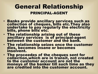 General Relationship
PRINCIPAL-AGENT
• Banks provide ancillary services such as
collection of cheques, bills etc.They also
undertake to pay regularly the electricity
bills, phone bills etc.
• The relationship arising out of these
ancillary services is of principal-agent
between the customer and the bank.
• The relationship seizes once the customer
dies, becomes insane or becomes
insolvent.
• The proceedes of the cheques sent for
collection,which are in transit, not created
to the customer account are not the
moneys of the banker till such time as they
are credited into the customer account.
 