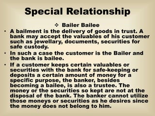 Special Relationship
 Bailer Bailee
• A bailment is the delivery of goods in trust. A
bank may accept the valuables of his customer
such as jewellary, documents, securities for
safe custody.
• In such a case the customer is the Bailer and
the bank is bailee.
• If a customer keeps certain valuables or
securities with the bank for safe-keeping or
deposits a certain amount of money for a
specific purpose, the banker, besides
becoming a bailee, is also a trustee. The
money or the securities so kept are not at the
disposal of the bank. The banker cannot utilize
those moneys or securities as he desires since
the money does not belong to him.
 