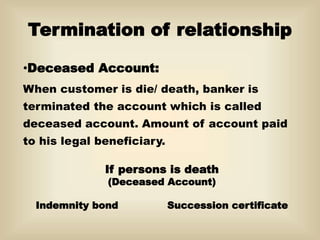 Termination of relationship
•Deceased Account:
When customer is die/ death, banker is
terminated the account which is called
deceased account. Amount of account paid
to his legal beneficiary.
If persons is death
(Deceased Account)
Indemnity bond Succession certificate
 