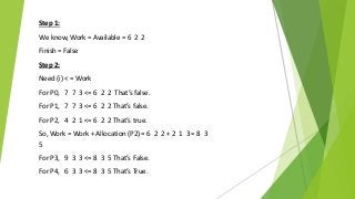 Step 1:
We know, Work = Available = 6 2 2
Finish = False
Step 2:
Need (i) < = Work
For P0, 7 7 3 <= 6 2 2 That’s false.
For P1, 7 7 3 <= 6 2 2 That’s false.
For P2, 4 2 1 <= 6 2 2 That’s true.
So, Work = Work + Allocation (P2) = 6 2 2 + 2 1 3 = 8 3
5
For P3, 9 3 3 <= 8 3 5 That’s False.
For P4, 6 3 3 <= 8 3 5 That’s True.
 