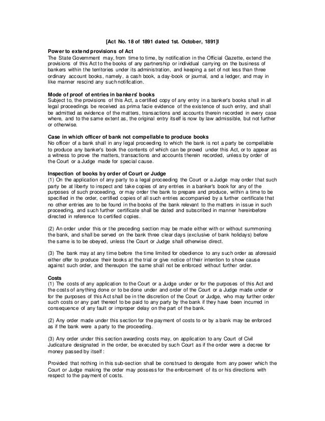 Bankers' books evidence act, 1891