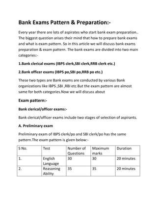 Bank Exams Pattern & Preparation:-
Every year there are lots of aspirates who start bank exam preparation..
The biggest question arises their mind that how to prepare bank exams
and what is exam pattern. So in this article we will discuss bank exams
preparation & exam pattern. The bank exams are divided into two main
categories:-
1.Bank clerical exams (IBPS clerk,SBI clerk,RRB clerk etc.)
2.Bank officer exams (IBPS po,SBI po,RRB po etc.)
These two types are Bank exams are conducted by various Bank
organizations like IBPS ,SBI ,RBI etc.But the exam pattern are almost
same for both categories.Now we will discuss about
Exam pattern:-
Bank clerical/officer exams:-
Bank clerical/officer exams include two stages of selection of aspirants.
A. Preliminary exam
Preliminary exam of IBPS clerk/po and SBI clerk/po has the same
pattern.The exam pattern is given below:-
S No. Test Number of
Questions
Maximum
marks
Duration
1. English
Language
30 30 20 minutes
2. Reasoning
Ability
35 35 20 minutes
 