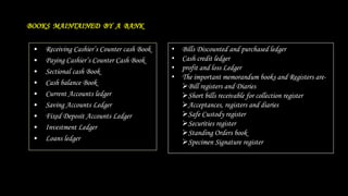 BOOKS MAINTAINED BY A BANK
• Receiving Cashier’s Counter cash Book
• Paying Cashier’s Counter Cash Book
• Sectional cash Book
• Cash balance Book
• Current Accounts ledger
• Saving Accounts Ledger
• Fixed Deposit Accounts Ledger
• Investment Ledger
• Loans ledger
• Bills Discounted and purchased ledger
• Cash credit ledger
• profit and loss Ledger
• The important memorandum books and Registers are-
Bill registers and Diaries
Short bills receivable for collection register
Acceptances, registers and diaries
Safe Custody register
Securities register
Standing Orders book
Specimen Signature register
 