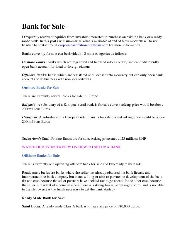 Banks For Sale >> Bank For Sale Banks For Sale >> Bank For Sale