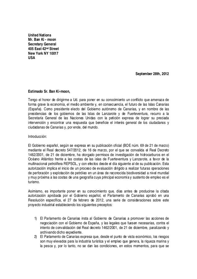Carta de Paulino Rivero a Ban Ki-moon
