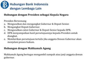 Hubungan Bank Indonesia
dengan Lembaga Lain
Hubungan dengan Presiden sebagai Kepala Negara
Presiden Berwenang
a. Mengusulkan dan mengangkat Gubernur & Deputi Senior.
b. Mengangkat Deputi Gubernur.
c. Mengusulkan calon Gubernur & Deputi Senior kepada DPR.
d. DPR menyampaikan hasil persetujuannya kepada Presiden untuk
diangkat.
e. Memberikan persetujuan tertulis jika anggota Dewan Gubernur akan
menjalani proses hukum.
Hubungan dengan Mahkamah Agung
Mahkamah Agung bertugas mengambil sumpah atau janji anggota dewan
gubernur.
 