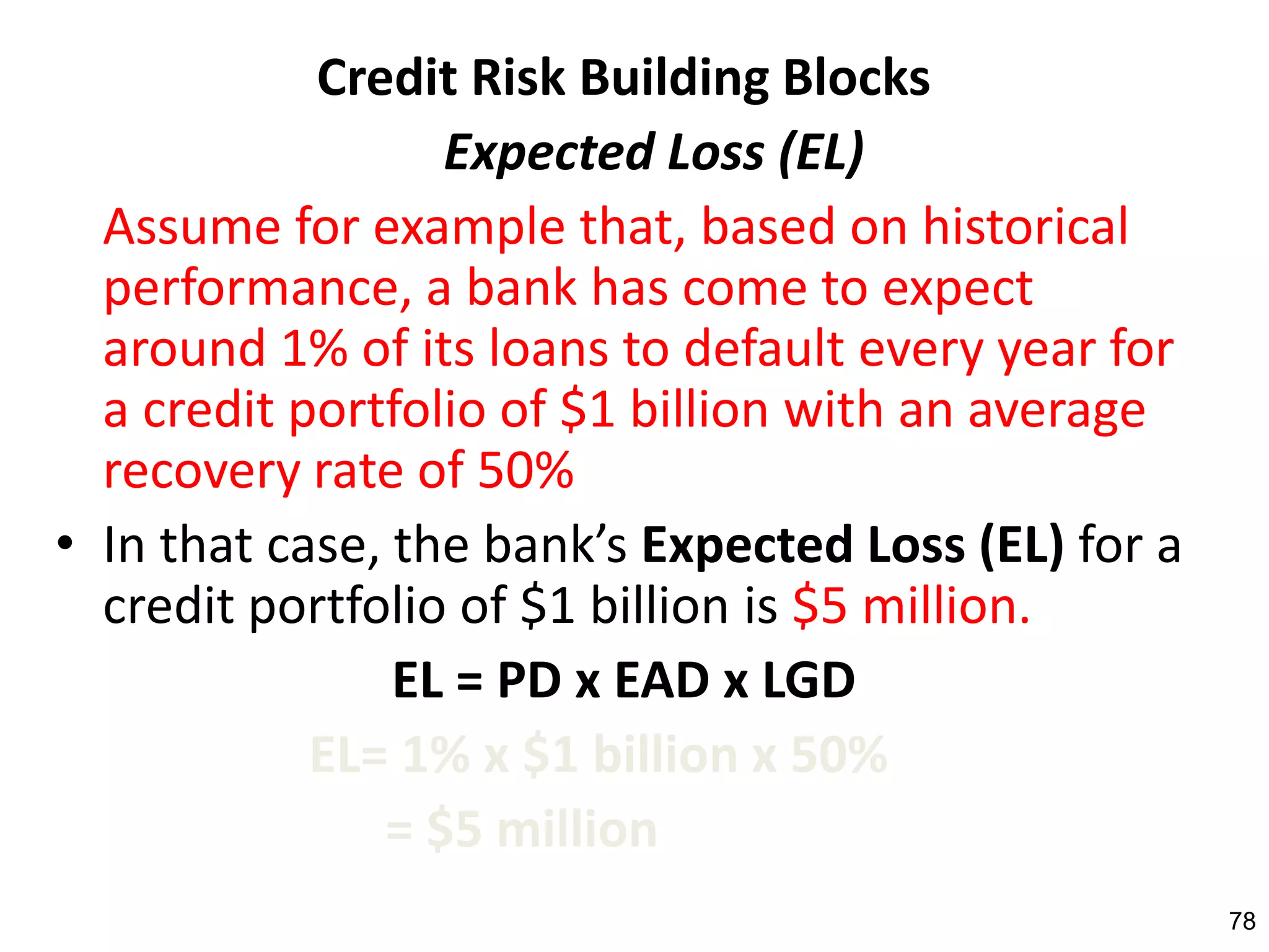 Credit Risk Building Blocks
                  Expected Loss (EL)
  Assume for example that, based on historical
  performance, a bank has come to expect
  around 1% of its loans to default every year for
  a credit portfolio of $1 billion with an average
  recovery rate of 50%
• In that case, the bank’s Expected Loss (EL) for a
  credit portfolio of $1 billion is $5 million.
                EL = PD x EAD x LGD
            EL= 1% x $1 billion x 50%
               = $5 million
                                                      78
 