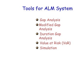Tools for ALM System

      Gap Analysis
      Modified Gap
      Analysis
      Duration Gap
      Analysis
      Value at Risk (VaR)
      Simulation
 