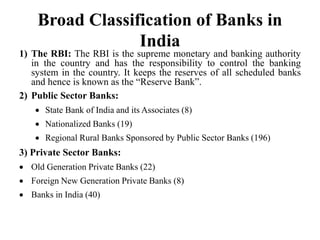 Broad Classification of Banks in
India
1) The RBI: The RBI is the supreme monetary and banking authority
in the country and has the responsibility to control the banking
system in the country. It keeps the reserves of all scheduled banks
and hence is known as the “Reserve Bank”.
2) Public Sector Banks:
 State Bank of India and its Associates (8)
 Nationalized Banks (19)
 Regional Rural Banks Sponsored by Public Sector Banks (196)
3) Private Sector Banks:
 Old Generation Private Banks (22)
 Foreign New Generation Private Banks (8)
 Banks in India (40)
 