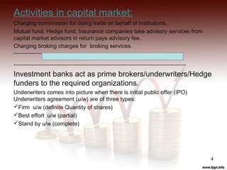 Activities in capital market:
Charging commission for doing trade on behalf of institutions.
Mutual fund, Hedge fund, Insurance companies take advisory services from
capital market advisors in return pays advisory fee.
Charging broking charges for broking services.
-------------------------------------------------------------------------------------------------------------------
---------------------------------------------------------------------------------------------------------------------
Investment banks act as prime brokers/underwriters/Hedge
funders to the required organizations.
Underwriters comes into picture when there is initial public offer (IPO)
Underwriters agreement (u/w) are of three types:
Firm u/w (definite Quantity of shares)
Best effort u/w (partial)
Stand by u/w.(complete)
4
 