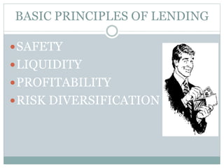 BASIC PRINCIPLES OF LENDING
SAFETY
LIQUIDITY
PROFITABILITY
RISK DIVERSIFICATION
 