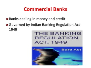 Banks dealing in money and credit
Governed by Indian Banking Regulation Act
1949
 