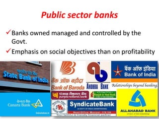 Public sector banks
Banks owned managed and controlled by the
Govt.
Emphasis on social objectives than on profitability
 