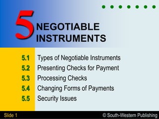 © South-Western Publishing
Slide 1
NEGOTIABLE
INSTRUMENTS
5.1 Types of Negotiable Instruments
5.2 Presenting Checks for Payment
5.3 Processing Checks
5.4 Changing Forms of Payments
5.5 Security Issues
5
 