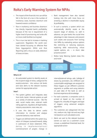 ŸThe impact of the financial crisis can still be
felt in the form of a rise in the number of
insolvency cases, business downturn and
lowered investor confidence
ŸRise in insolvency and business downturn
has directly impacted bank’s profitability
because of the rise in requirement of a
higher level of provisioning and write-offs
on more credit facilities turning bad
ŸThis in turn has led to increase in banking
supervision. Regulators the world over
have started focussing on effective Risk
Data Aggregation (RDA) and Risk
Reporting with a focus on early detection
of stress on loans
ŸBank management have also started
looking into this with more focus on
arresting a decline in shareholder equity
& profitability
ŸIn such a scenario, a system which can
automatically identify assets at the
nascent stage of distress, i.e. well in
advance; can give banks the crucial time
advantage to take measures and prevent
such assets and accounts from turning
into NPAs by evaluating various options
like restricting or reducing exposure,
exploring debt restructuring, infuse
capital options, etc. – in short, take
proactive action!
ŸRolta’s Early Warning System does this
and more!
Rolta’s Early Warning System for NPAs
What is it?
ŸAn automated system to identify assets at
the incipient stage of stress, categorize the
assets/customers into various risk levels
and raise alerts to the relevant business
owners for appropriate action
How?
ŸThe system gathers and integrates data
from both, banks’ internal systems as well
as a variety of external sources - like the
web, social media sites, external credit
rating agencies, regulatory & legal bodies,
industry associations, news sites, etc.
ŸIt uses this data to derive useful
information to monitor and analyze
customer behavior, near real time
ŸTriggers are defined within the system (e.g.
return of cheques (outward/inward), delay
in submission of stock statement, FFRs,
d e l a y i n i m p l e m e n t a t i o n /
commencement of project, change in
internal/external ratings, sale / pledge of
shares by promoters, etc.) Different user
customizable weightages are assigned to
these triggers as per different customer
segments or profiles and using statistics
on past data of the bank as well as
business experience & knowledge
ŸFor each customer, a composite score is
arrived at based on the number of
triggers hit, criticality of triggers and type
of triggers using advanced analytics
algorithms
ŸThe customers are categorized into low
risk, medium risk, high risk and very high
risk based on such calculated scores
ŸAlerts are sent to the relevant business
owners as soon as a customer’s score
crosses a predefined threshold level, for
appropriate action
Gather
Customer Data
and Analyze
Identify
stress signals
Calculate
Risk Score
Raise Alert
6
 