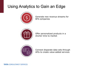 Using Analytics to Gain an Edge
Generate new revenue streams for
BFS companies
Offer personalized products in a
shorter time to market
Connect disparate data sets through
APIs to create value-added services
 