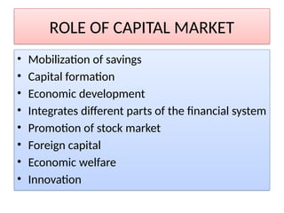 ROLE OF CAPITAL MARKET
• Mobilization of savings
• Capital formation
• Economic development
• Integrates different parts of the financial system
• Promotion of stock market
• Foreign capital
• Economic welfare
• Innovation
 