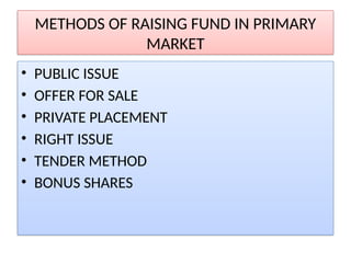 METHODS OF RAISING FUND IN PRIMARY
MARKET
• PUBLIC ISSUE
• OFFER FOR SALE
• PRIVATE PLACEMENT
• RIGHT ISSUE
• TENDER METHOD
• BONUS SHARES
 