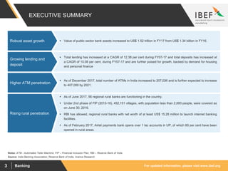 For updated information, please visit www.ibef.orgBanking3
EXECUTIVE SUMMARY
 Value of public sector bank assets increased to US$ 1.52 trillion in FY17 from US$ 1.34 billion in FY16.Robust asset growth
Source: India Banking Association, Reserve Bank of India, Aranca Research
 Total lending has increased at a CAGR of 12.38 per cent during FY07-17 and total deposits has increased at
a CAGR of 10.08 per cent, during FY07-17 and are further poised for growth, backed by demand for housing
and personal finance
Growing lending and
deposit
 As of December 2017, total number of ATMs in India increased to 207,036 and is further expected to increase
to 407,000 by 2021.
Higher ATM penetration
 As of June 2017, 56 regional rural banks are functioning in the country.
 Under 2nd phase of FIP (2013-16), 452,151 villages, with population less than 2,000 people, were covered as
on June 30, 2016.
 RBI has allowed, regional rural banks with net worth of at least US$ 15.28 million to launch internet banking
facilities.
 As of February 2017, Airtel payments bank opens over 1 lac accounts in UP, of which 60 per cent have been
opened in rural areas.
Rising rural penetration
Notes: ATM - Automated Teller Machine, FIP – Financial Inclusion Plan, RBI – Reserve Bank of India
 
