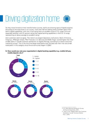 9%
16%
47%
27%
1%
Banks
$50 – $250 bn
35%
38%
12%
12%
3%
Total
Banks
$250 billion
50%
7%
19%
24%
Banks
$20 – $50 bn
17%
8%
54%
21%
1 – lowest
10 – highest
1 – 2
3 – 4
5 – 6
7 – 8
9 – 10
7Banking Industry Outlook Survey
As they move forward on their transformation journey, banks are showing signs of digital progress.
According to the executives in our survey, more than half are feeling pretty confident about their
bank’s digital capabilities, with one in five rating them an excellent score of 10. Larger firms are
especially satisfied, with 91 percent rating their digital banking capabilities in the 6 to 10 range,
representing an above average to excellent rating.
And customers seem to agree. The nation’s six largest depository institutions-- Bank of America,
Citigroup, JPMorgan Chase, PNC Financial, U.S. Bancorp and Wells Fargo-- scored higher than their
smaller peers in overall customer satisfaction on digital offerings, according to a recent consumer
marketing survey2
. This is the first time larger-sized banks took the lead over their mid- and small-
sized peers in this category since the annual survey began in 2006.3
Q. How would you rate your organization’s digital banking capability (e.g. mobile bill pay,
mobile deposit, etc.)?
Drivingdigitizationhome
2 U.S. Retail Banking Satisfaction Survey,
JD Power  Associates, 2016
3 “That’s a First: Biggest Banks Top Customer-
Satisfaction Survey”, American Banker,
Feb. 2, 2016.
 