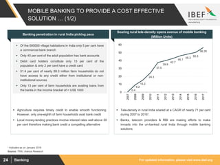 For updated information, please visit www.ibef.orgBanking24
MOBILE BANKING TO PROVIDE A COST EFFECTIVE
SOLUTION … (1/2)
0.4
9.2
15.2
24.3
37.5
39.9
42.7
46.1
48.3
50.3
56.35
0
10
20
30
40
50
60
2007
2008
2009
2010
2011
2012
2013
2014
2015
2016
2017
Source: TRAI, Aranca Research
1 Indicates as on January 2016
Banking penetration in rural India picking pace
Soaring rural tele-density opens avenue of mobile banking
(Million Units)
 Agriculture requires timely credit to enable smooth functioning.
However, only one-eighth of farm households avail bank credit
 Local money-lending practices involve interest rates well above 30
per cent therefore making bank credit a compelling alternative
 Tele-density in rural India soared at a CAGR of nearly 71 per cent
during 2007 to 20161.
 Banks, telecom providers & RBI are making efforts to make
inroads into the un-banked rural India through mobile banking
solutions
 Of the 600000 village habitations in India only 5 per cent have
a commercial bank branch
 Only 40 per cent of the adult population has bank accounts
 Debit card holders constitute only 13 per cent of the
population & only 2 per cent have a credit card
 51.4 per cent of nearly 89.3 million farm households do not
have access to any credit either from institutional or non-
institutional sources
 Only 13 per cent of farm households are availing loans from
the banks in the income bracket of < US$ 1000
 