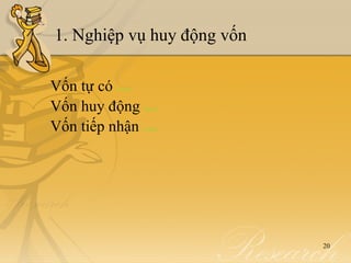 1. Nghiệp vụ huy động vốn

Vốn tự códetail


Vốn huy động      detail


Vốn tiếp nhận     detail




                            20
 
