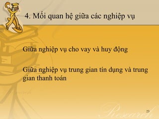 4. Mối quan hệ giữa các nghiệp vụ



Giữa nghiệp vụ cho vay và huy động

Giữa nghiệp vụ trung gian tín dụng và trung
gian thanh toán



                                          23
 