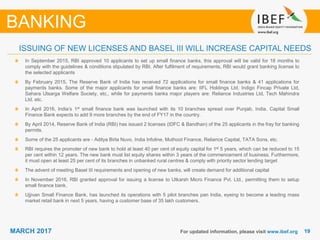 1919MARCH 2017 For updated information, please visit www.ibef.org
In September 2015, RBI approved 10 applicants to set up small finance banks, this approval will be valid for 18 months to
comply with the guidelines & conditions stipulated by RBI. After fulfilment of requirements, RBI would grant banking license to
the selected applicants
By February 2015, The Reserve Bank of India has received 72 applications for small finance banks & 41 applications for
payments banks. Some of the major applicants for small finance banks are: IIFL Holdings Ltd, Indigo Fincap Private Ltd,
Sahara Utsarga Welfare Society, etc., while for payments banks major players are: Reliance Industries Ltd, Tech Mahindra
Ltd. etc.
In April 2016, India’s 1st small finance bank was launched with its 10 branches spread over Punjab, India. Capital Small
Finance Bank expects to add 9 more branches by the end of FY17 in the country.
By April 2014, Reserve Bank of India (RBI) has issued 2 licenses (IDFC & Bandhan) of the 25 applicants in the fray for banking
permits.
Some of the 25 applicants are - Aditya Birla Nuvo, India Infoline, Muthoot Finance, Reliance Capital, TATA Sons, etc.
RBI requires the promoter of new bank to hold at least 40 per cent of equity capital for 1st 5 years, which can be reduced to 15
per cent within 12 years. The new bank must list equity shares within 3 years of the commencement of business. Furthermore,
it must open at least 25 per cent of its branches in unbanked rural centres & comply with priority sector lending target
The advent of meeting Basel III requirements and opening of new banks, will create demand for additional capital
In November 2016, RBI granted approval for issuing a license to Utkarsh Micro Finance Pvt. Ltd., permitting them to setup
small finance bank.
Ujjivan Small Finance Bank, has launched its operations with 5 pilot branches pan India, eyeing to become a leading mass
market retail bank in next 5 years, having a customer base of 35 lakh customers.
BANKING
ISSUING OF NEW LICENSES AND BASEL III WILL INCREASE CAPITAL NEEDS
 
